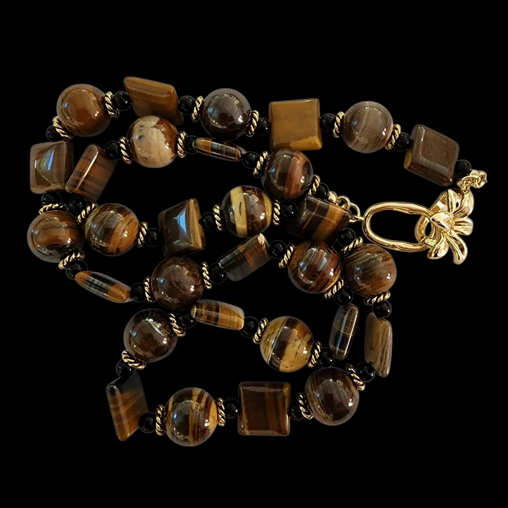 Cat's eye gemstones necklace 14k GP CZ flower clasp gold tigers eye L509 -Q5